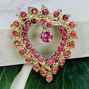 Vintage Pink Rhinestone Heart Brooch Pin Leaf Gold Tone Romantic Jewelry Ice